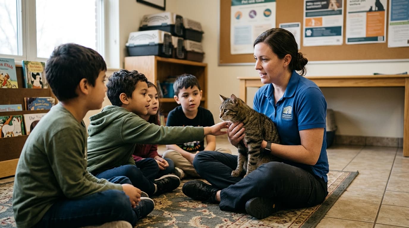 Humane society volunteer introducing students to a cat