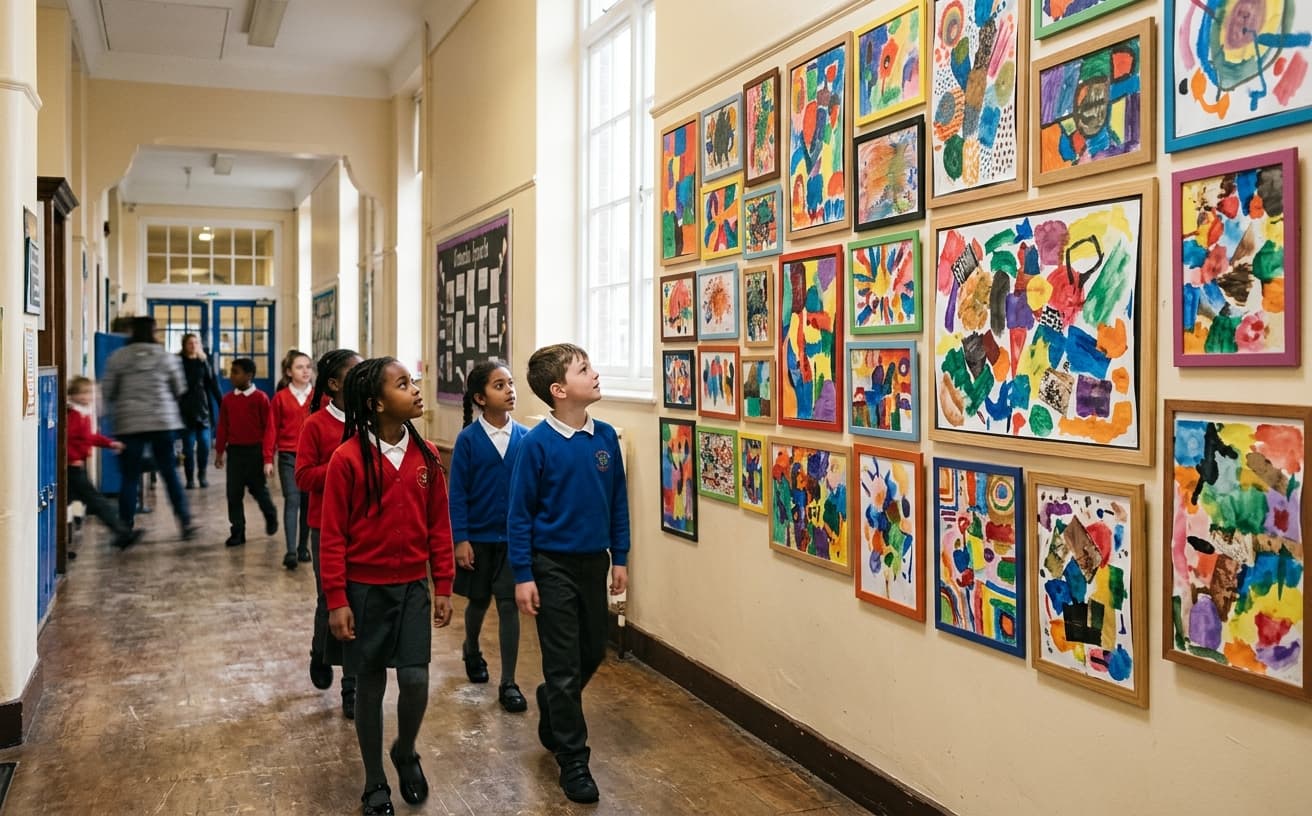 School hallway with colorful abstract art