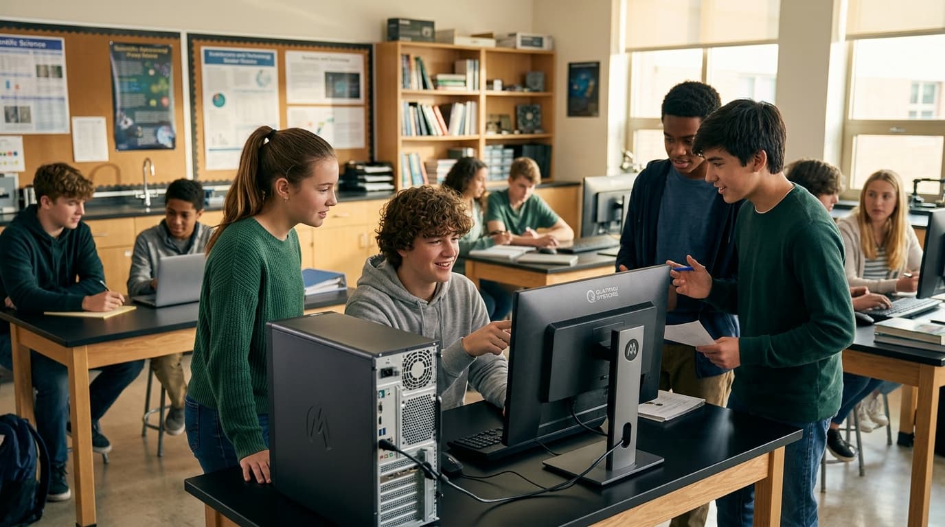 Students comparing laptops in a computer lab
