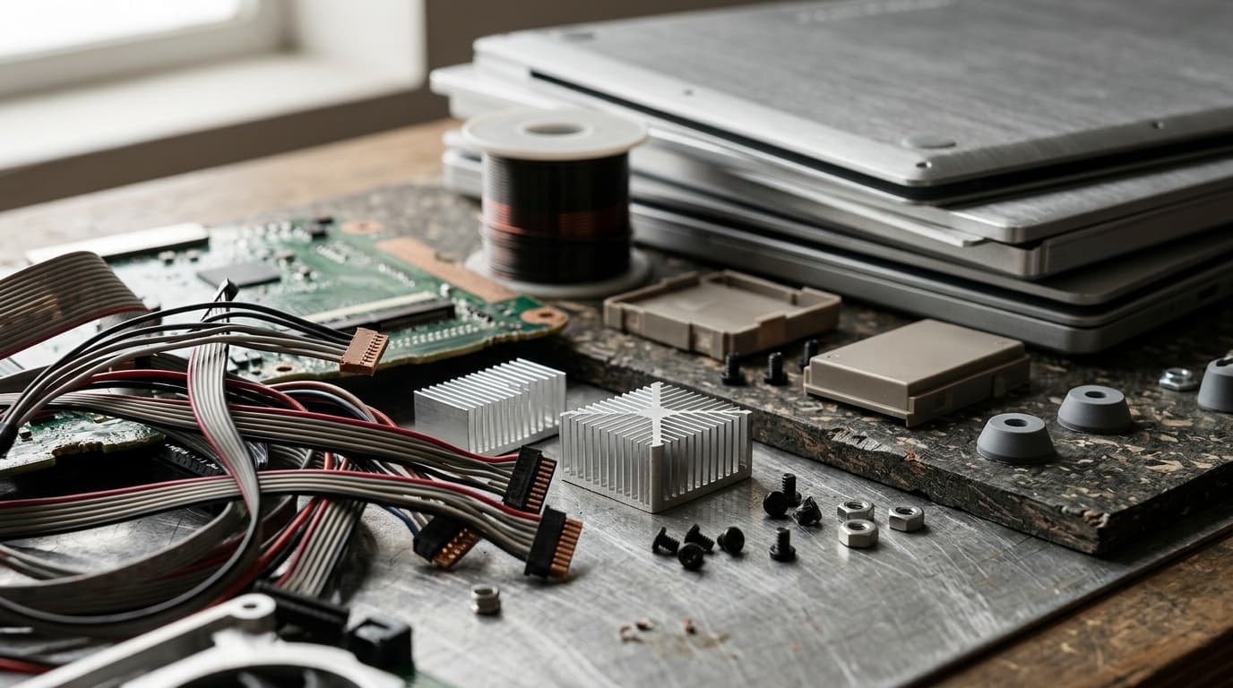 Open desktop computer case on a repair mat in IT class