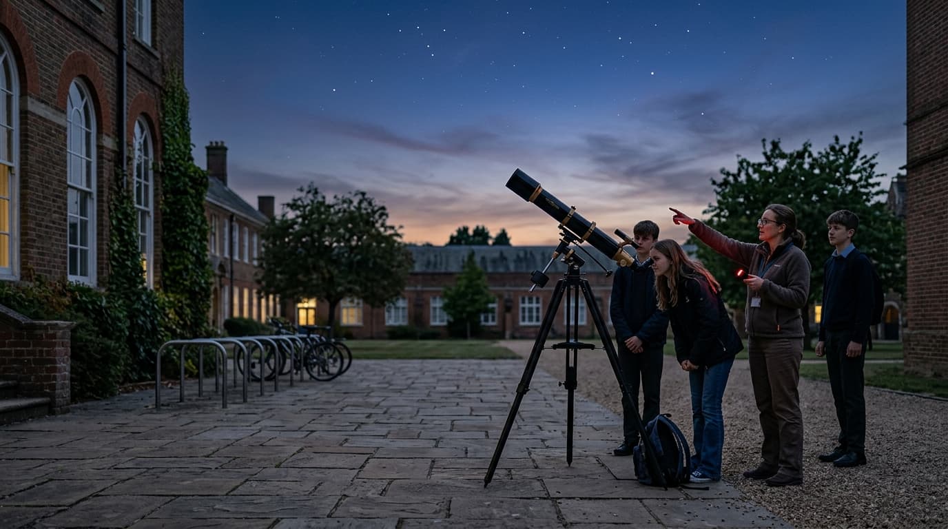 Telescope set up for stargazing at a school courtyard