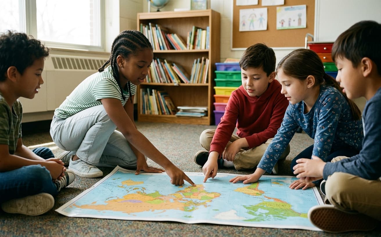 Students around a floor world map