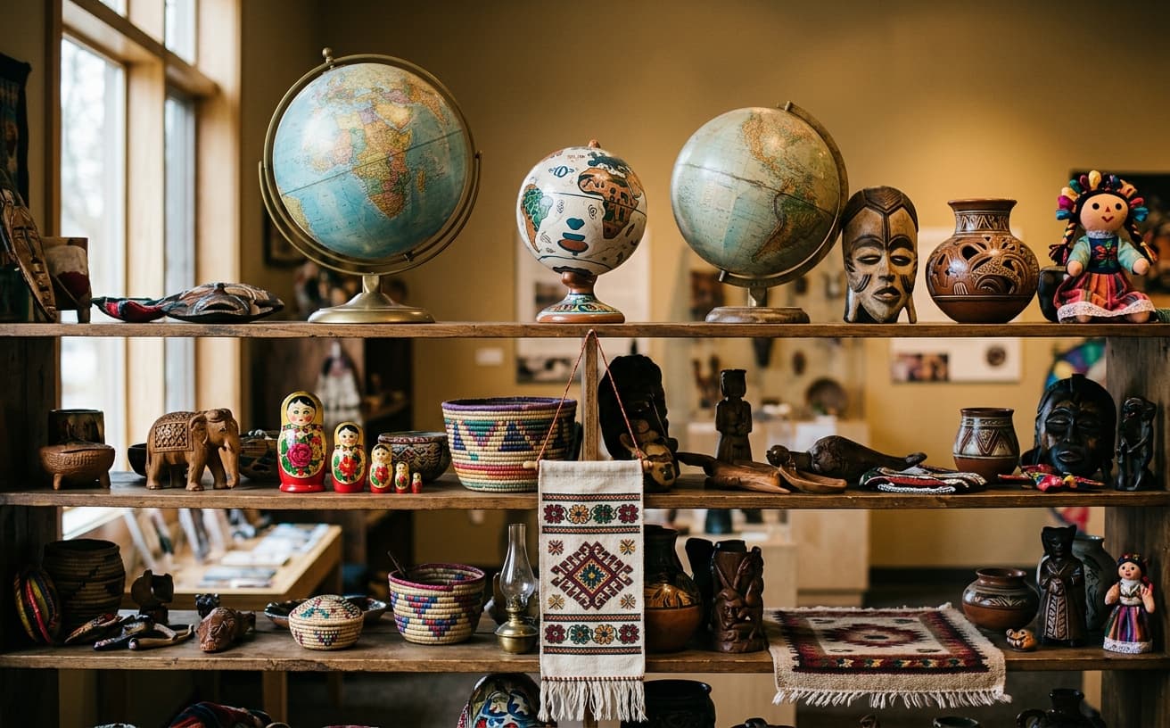 World cultures display with globes and crafts