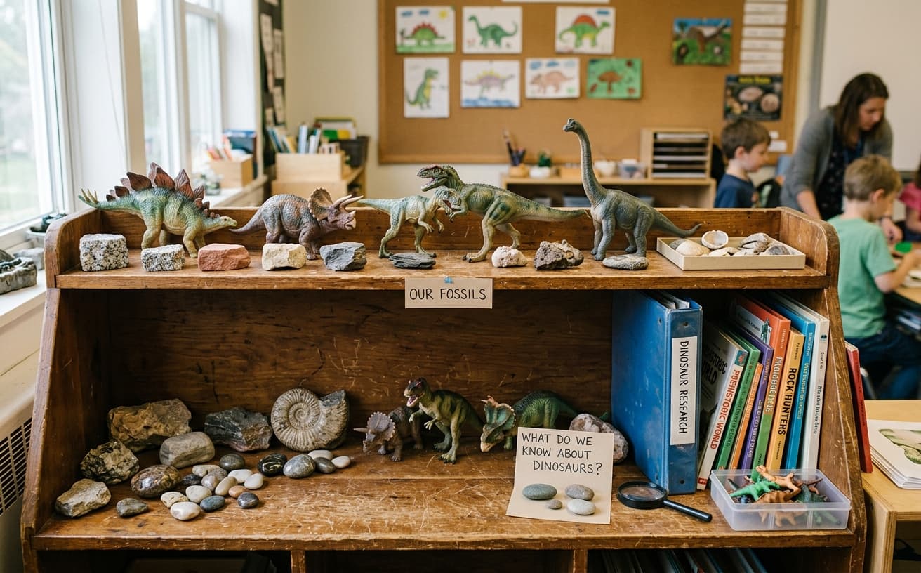 Classroom shelf with dinosaur models