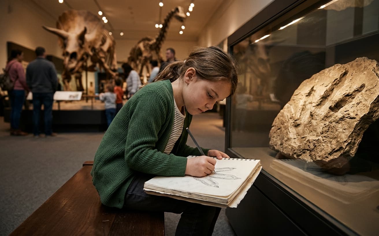 Child sketching a fossil cast in a museum