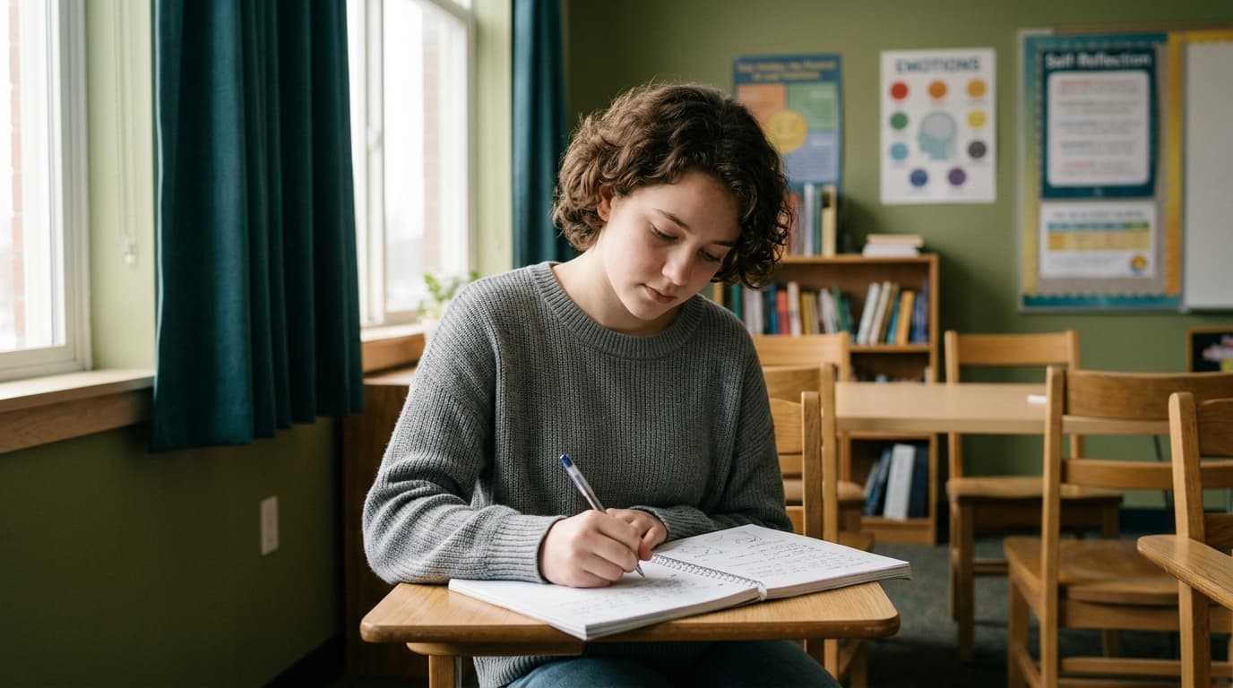 Student journaling in a quiet classroom corner