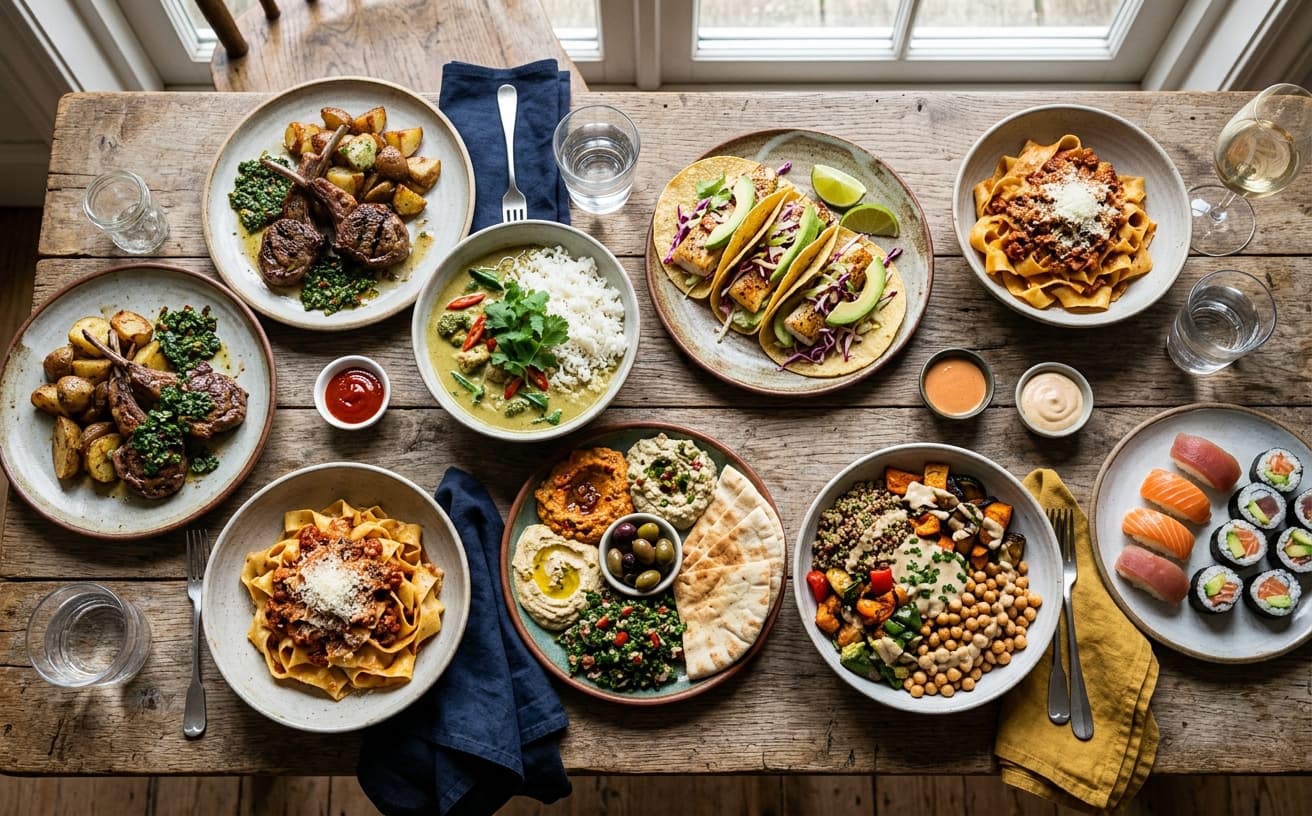 Flat lay of varied dishes