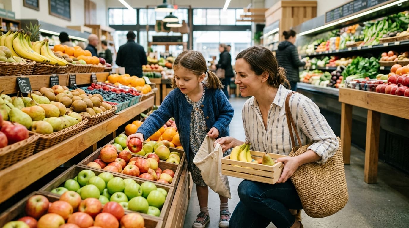 Child choosing fruit at a grocery produce section