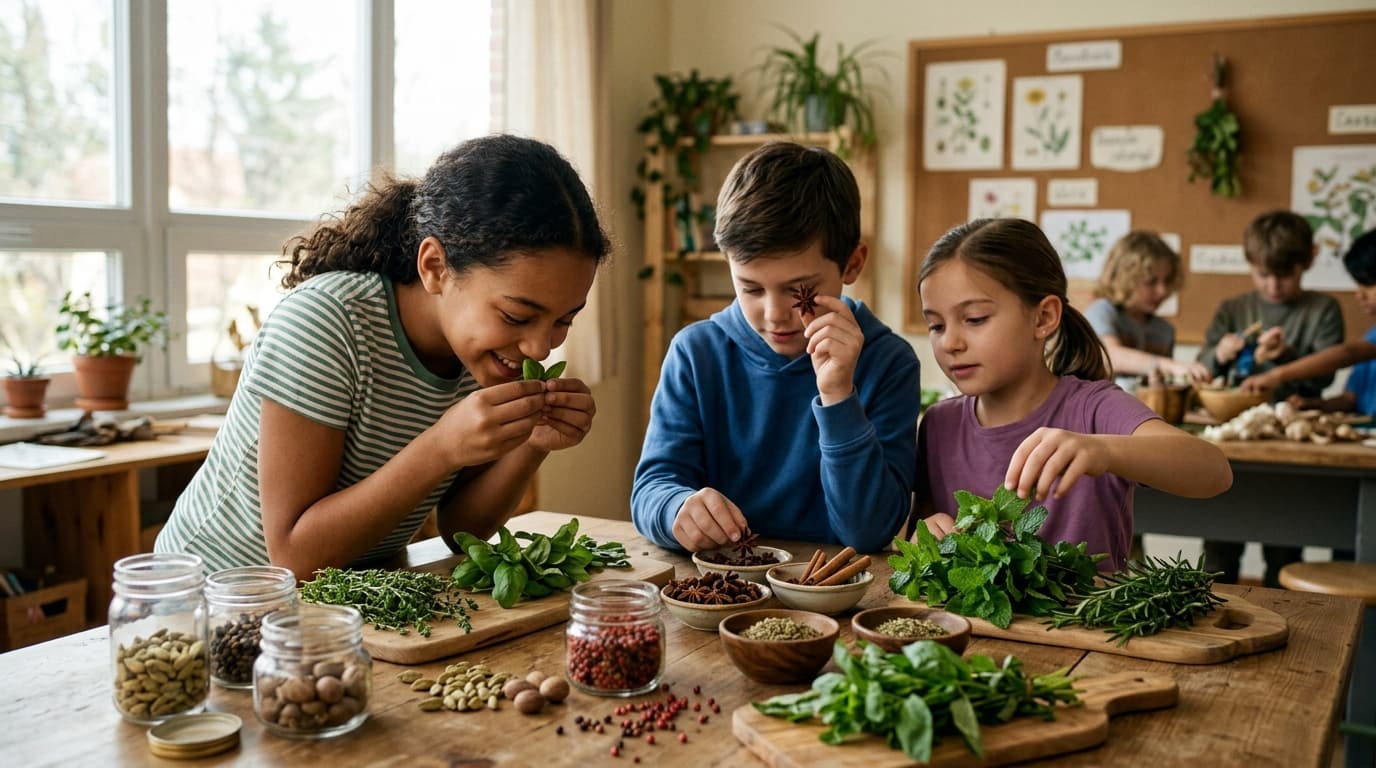 Students smelling fresh herbs in a home economics kitchen