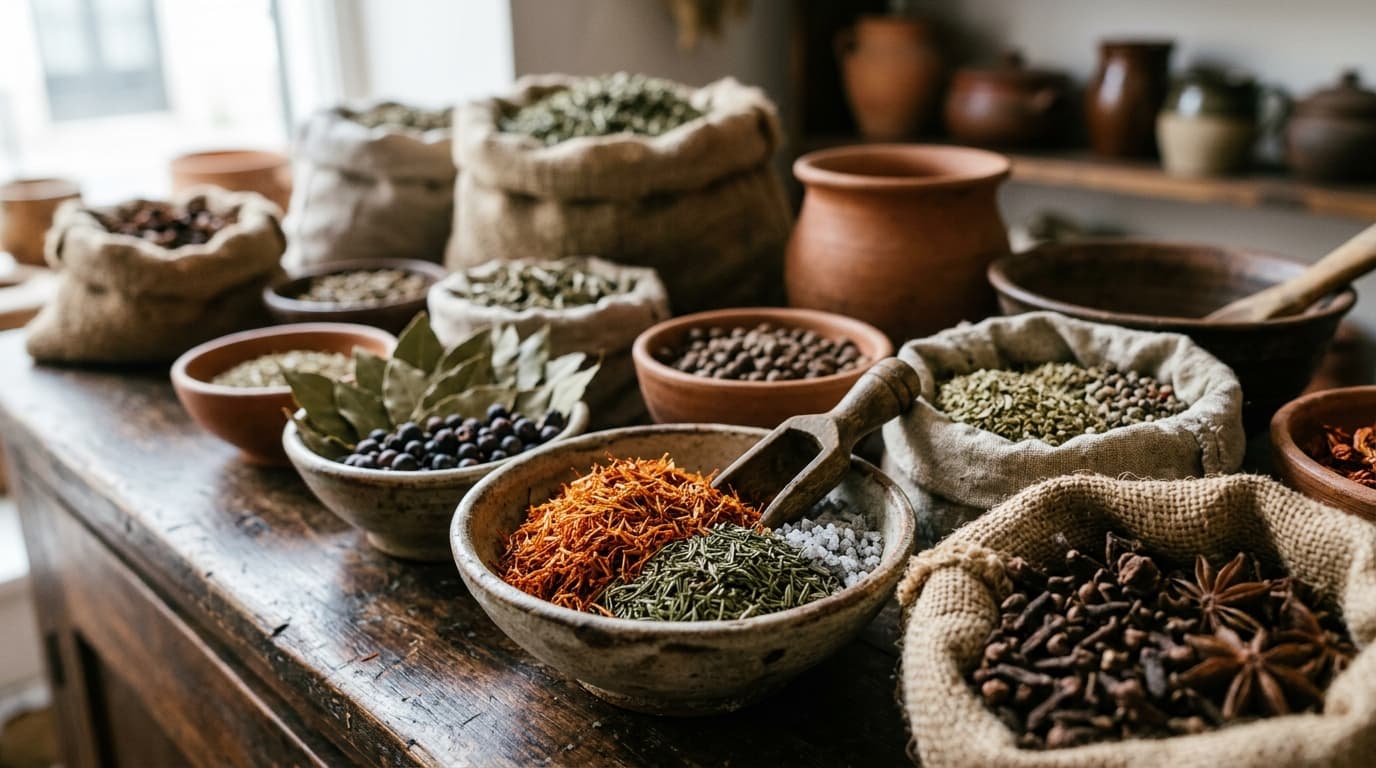 Mortar and pestle with dried spices on a wooden counter