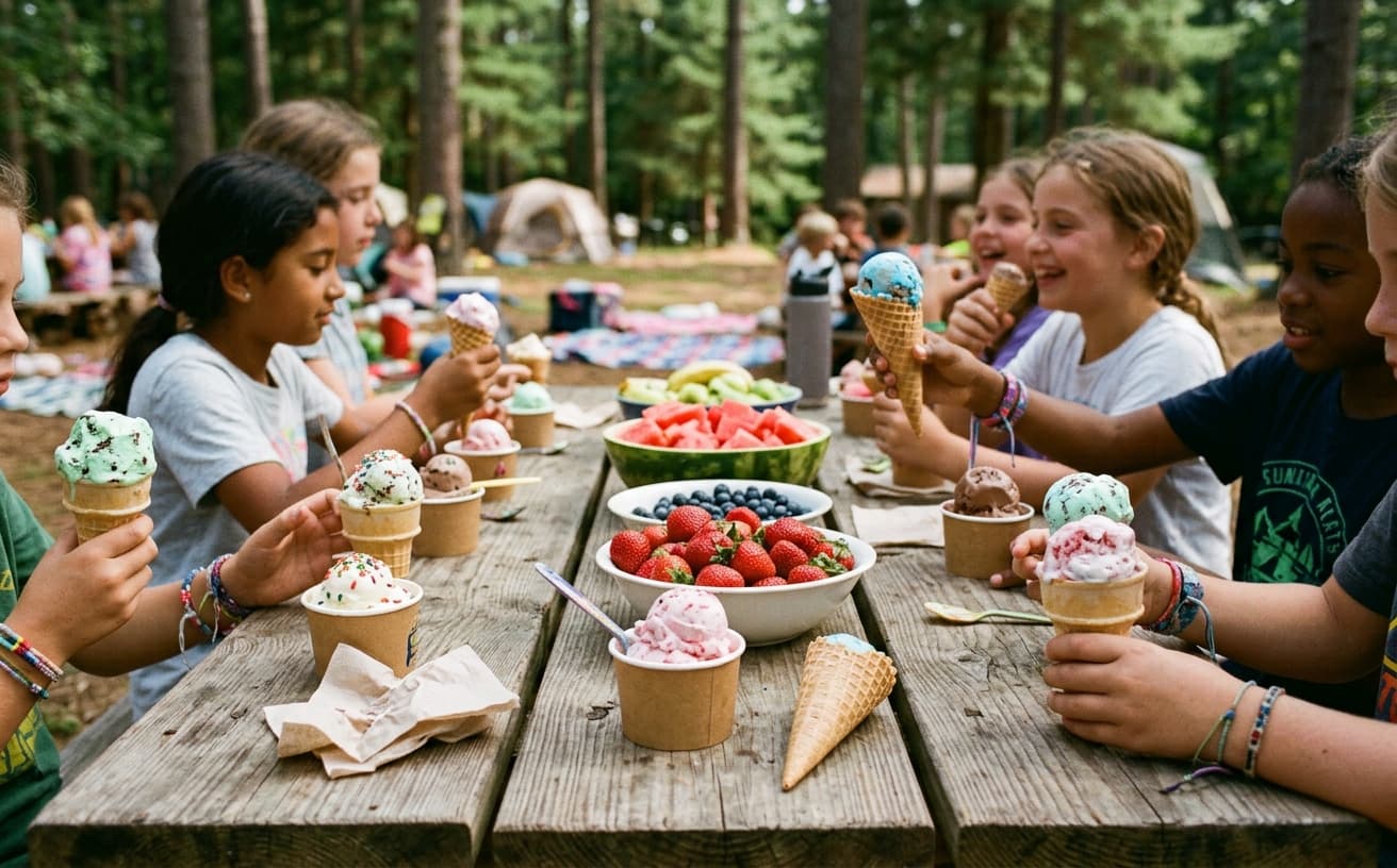 Summer camp picnic with ice cream cones