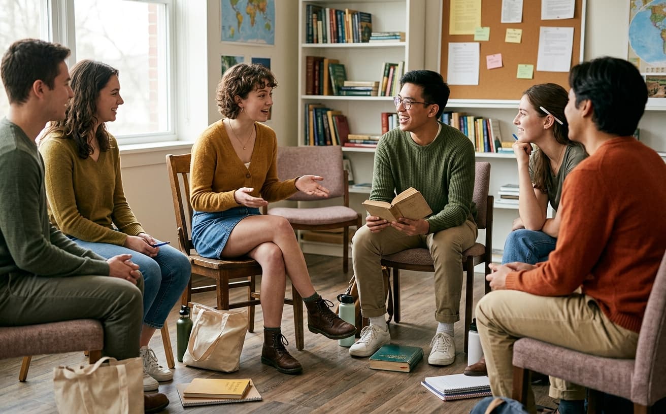 Students practicing greetings in a circle