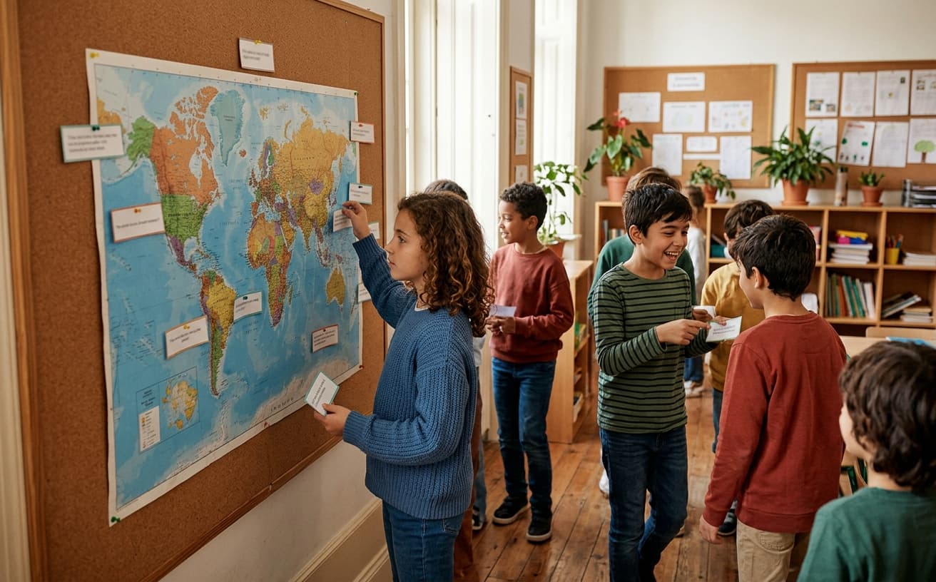 World map with phrase cards in classroom