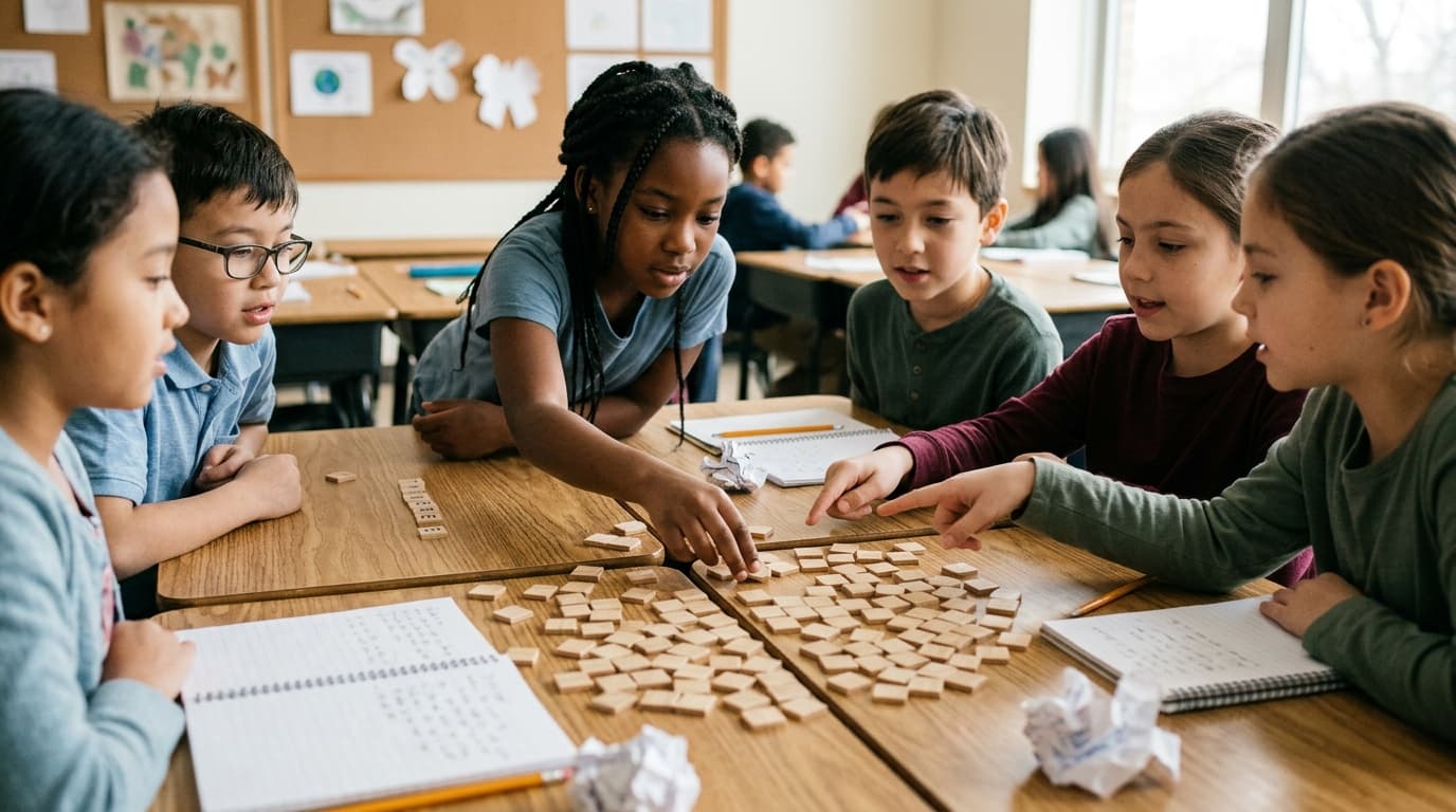 Students playing a word game with letter tiles
