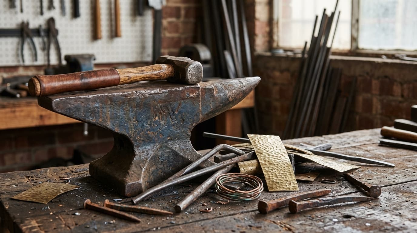 Steel and copper samples on a welding classroom bench