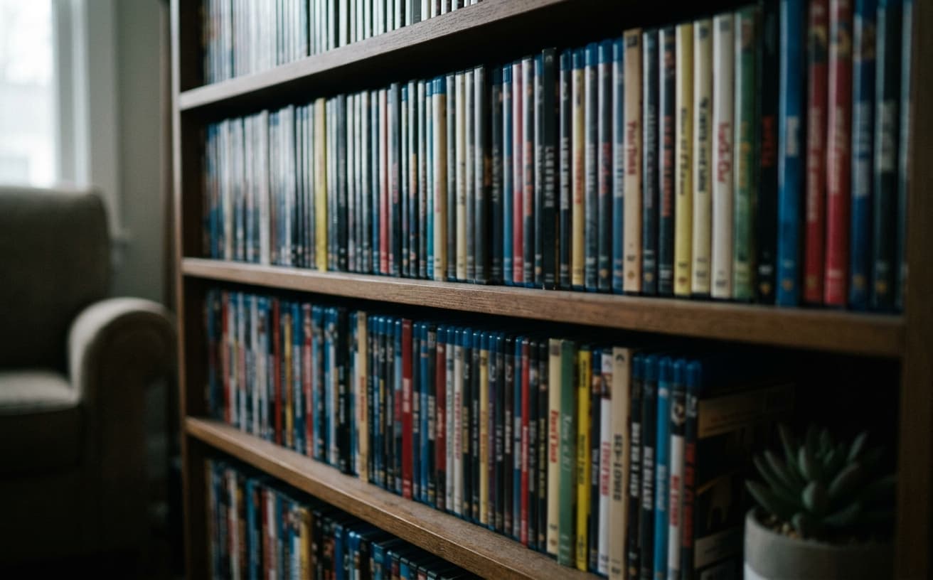 Home entertainment shelf with blurred cases