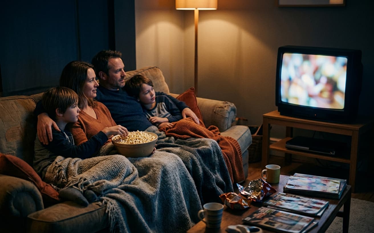 Family movie night on a sofa