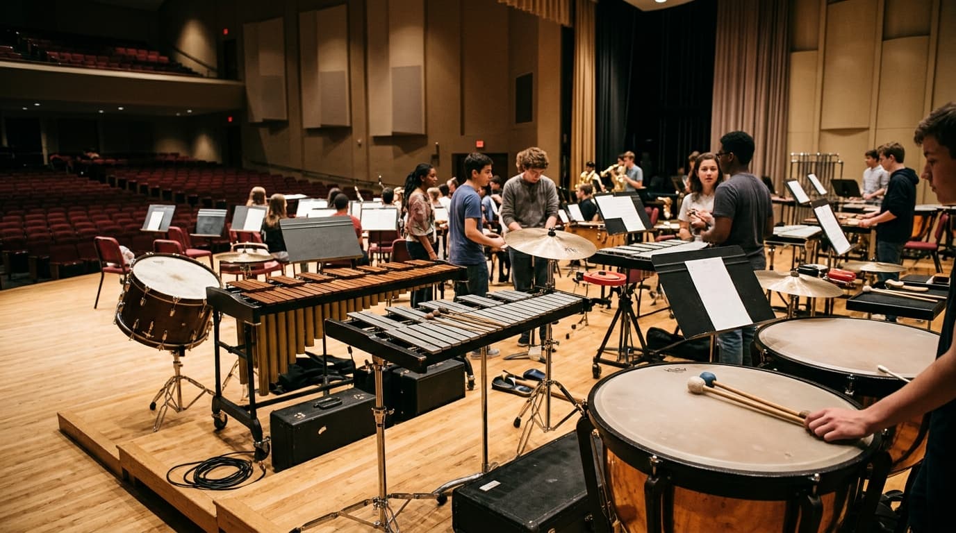 Percussion section in a school auditorium