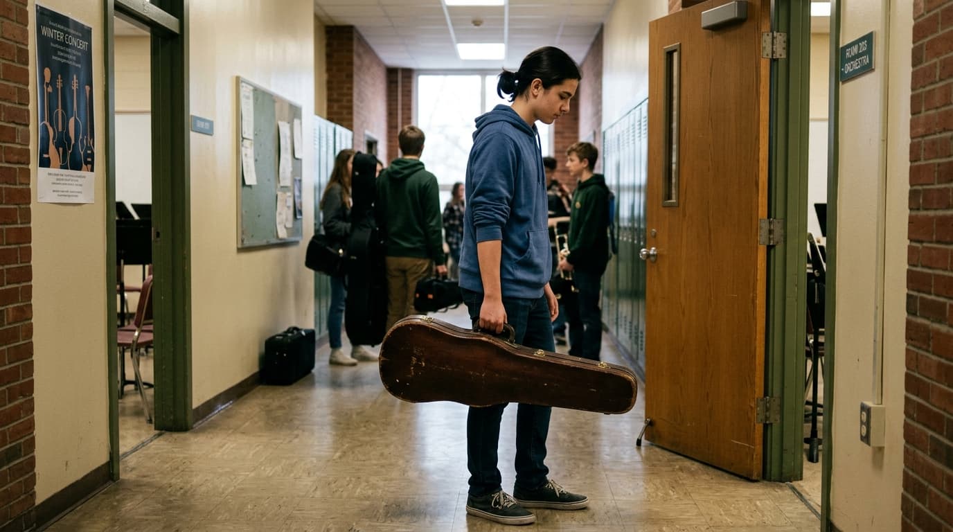 Student with violin case outside a music room