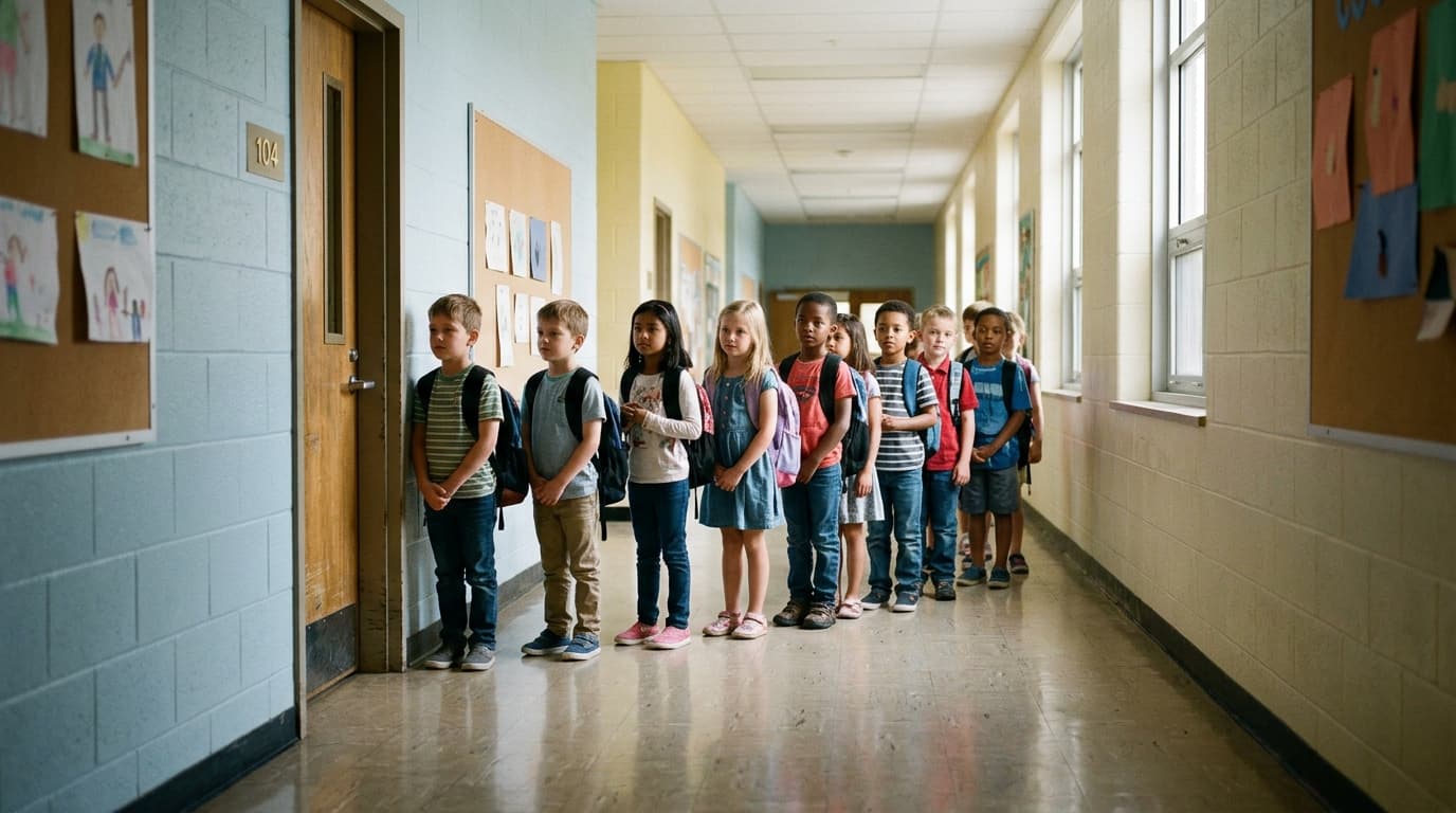 Students waiting in an orderly school hallway