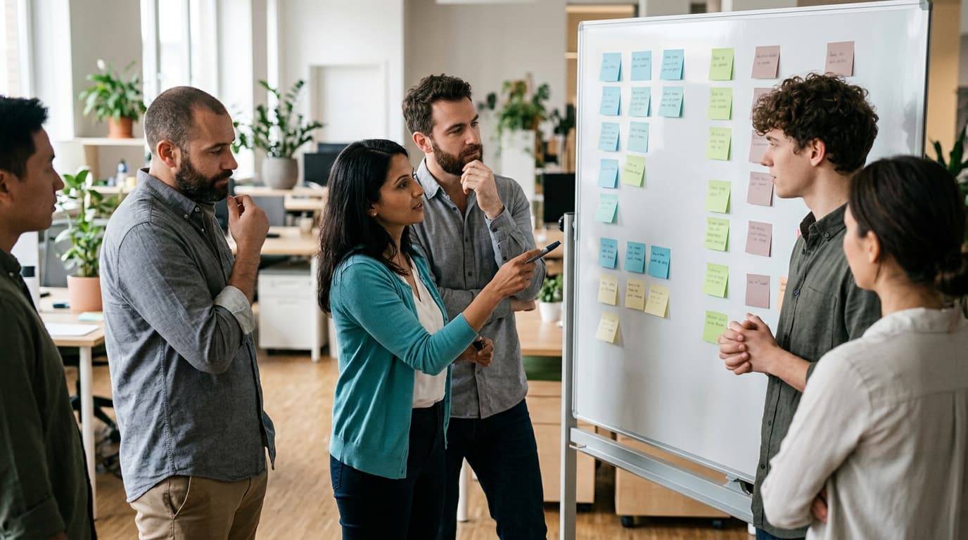 Team standup around a whiteboard
