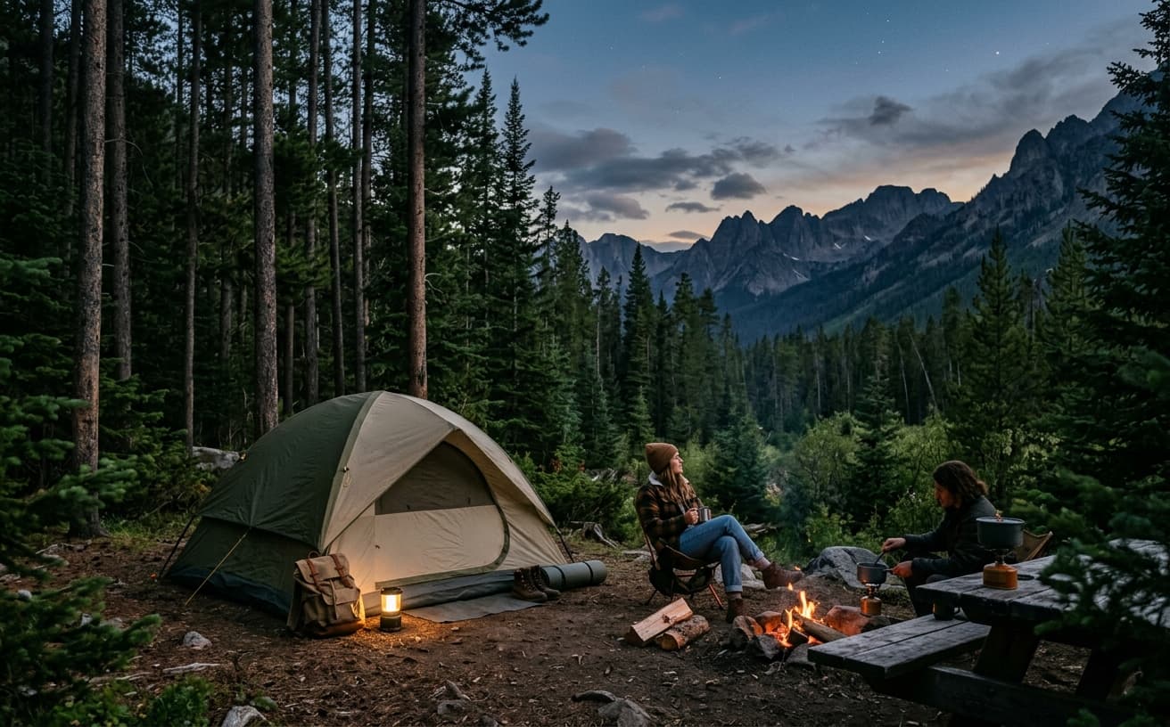Campground at dusk among pine trees