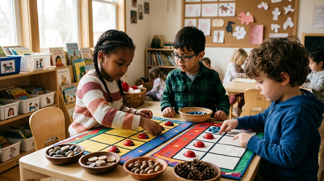 Kindergarten students counting with ten-frame manipulatives