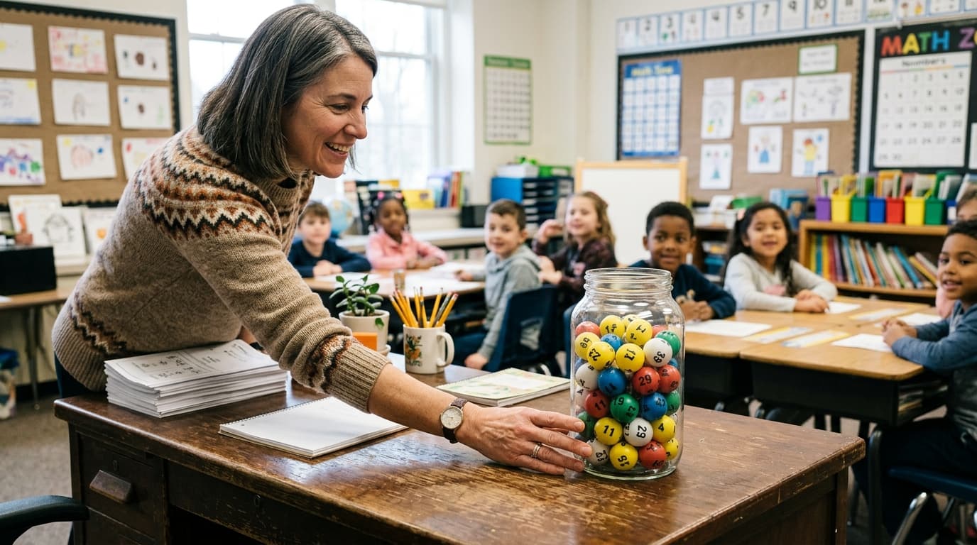 Numbered balls in a clear container