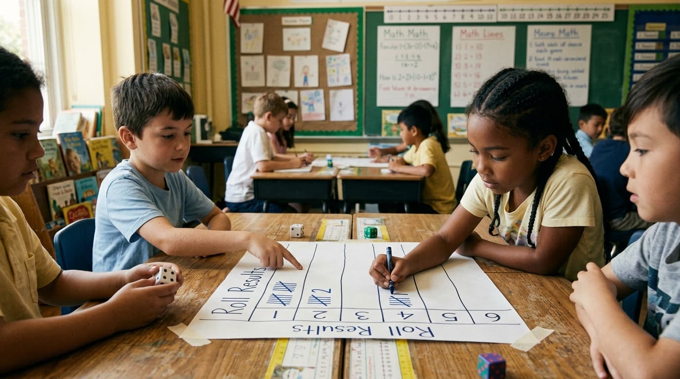 Students recording probability tallies on a chart