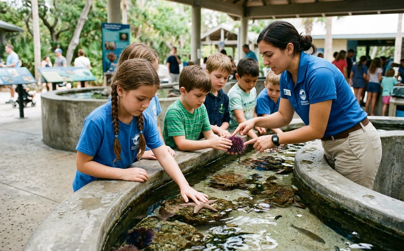 Students at an aquarium touch tank