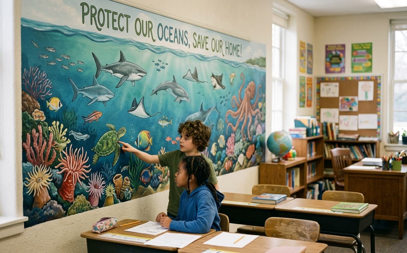 Classroom ocean life mural