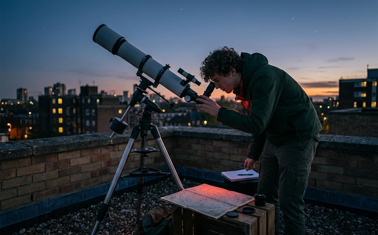 Student at a telescope at dusk