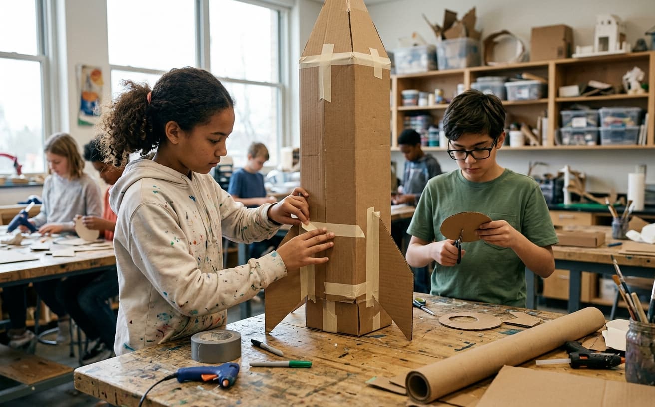 Students building a cardboard rocket