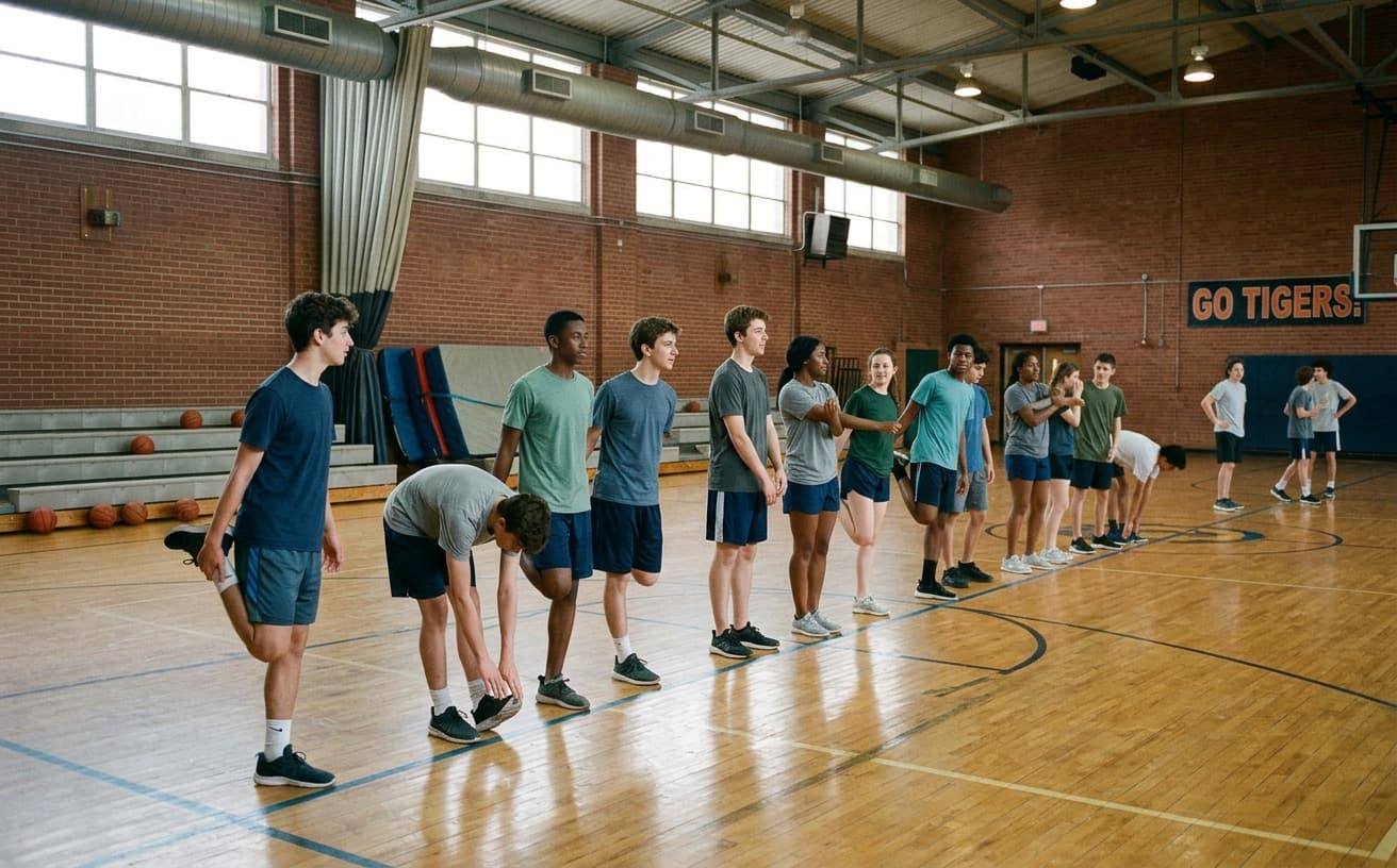Students doing warm-up stretches in a gym