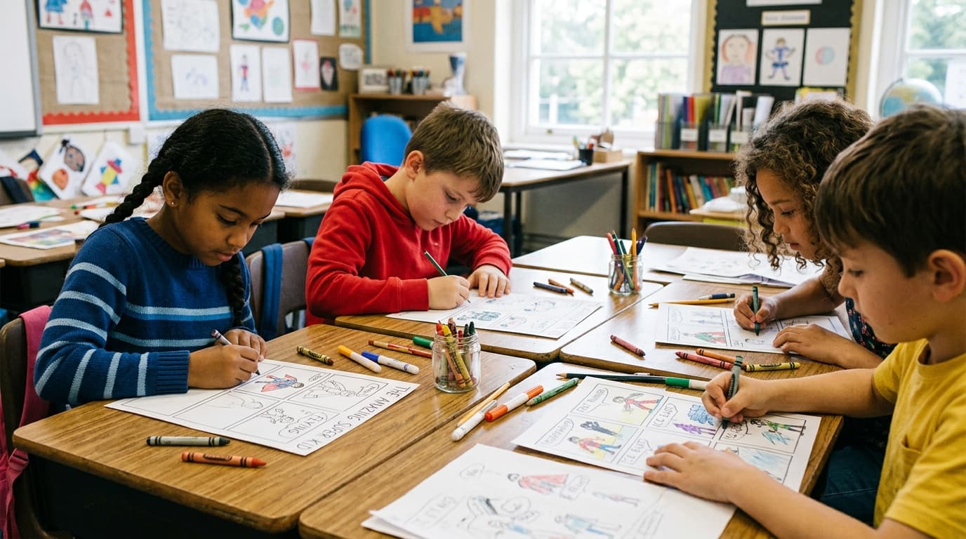 Students drawing comic panels at desks