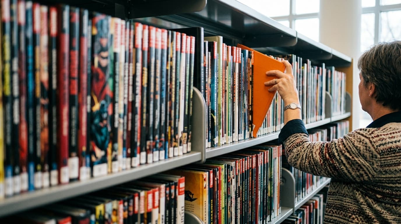 Library shelf with colorful graphic novels