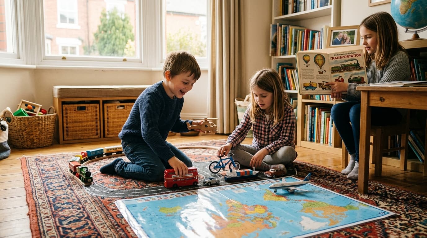 Preschoolers playing with toy trains on a floor mat