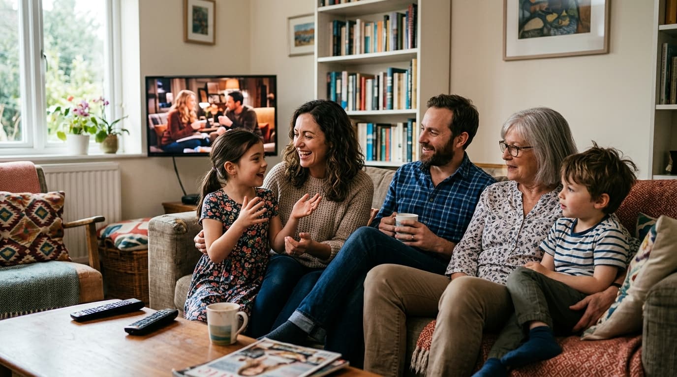 Family choosing a TV show on a sofa with a remote