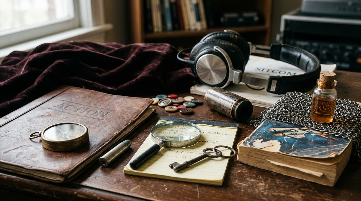 Media literacy classroom desk with clapperboard and headphones