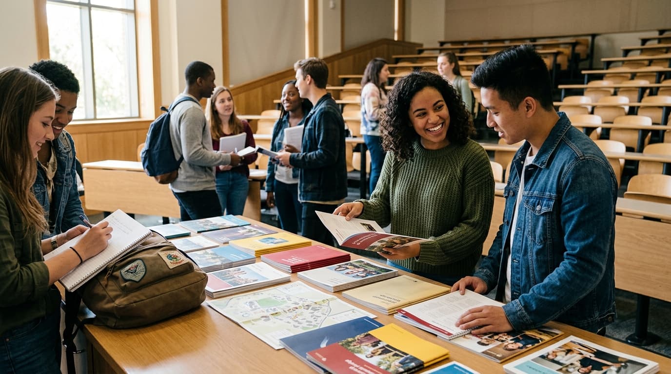 Student researching universities on a laptop in a library