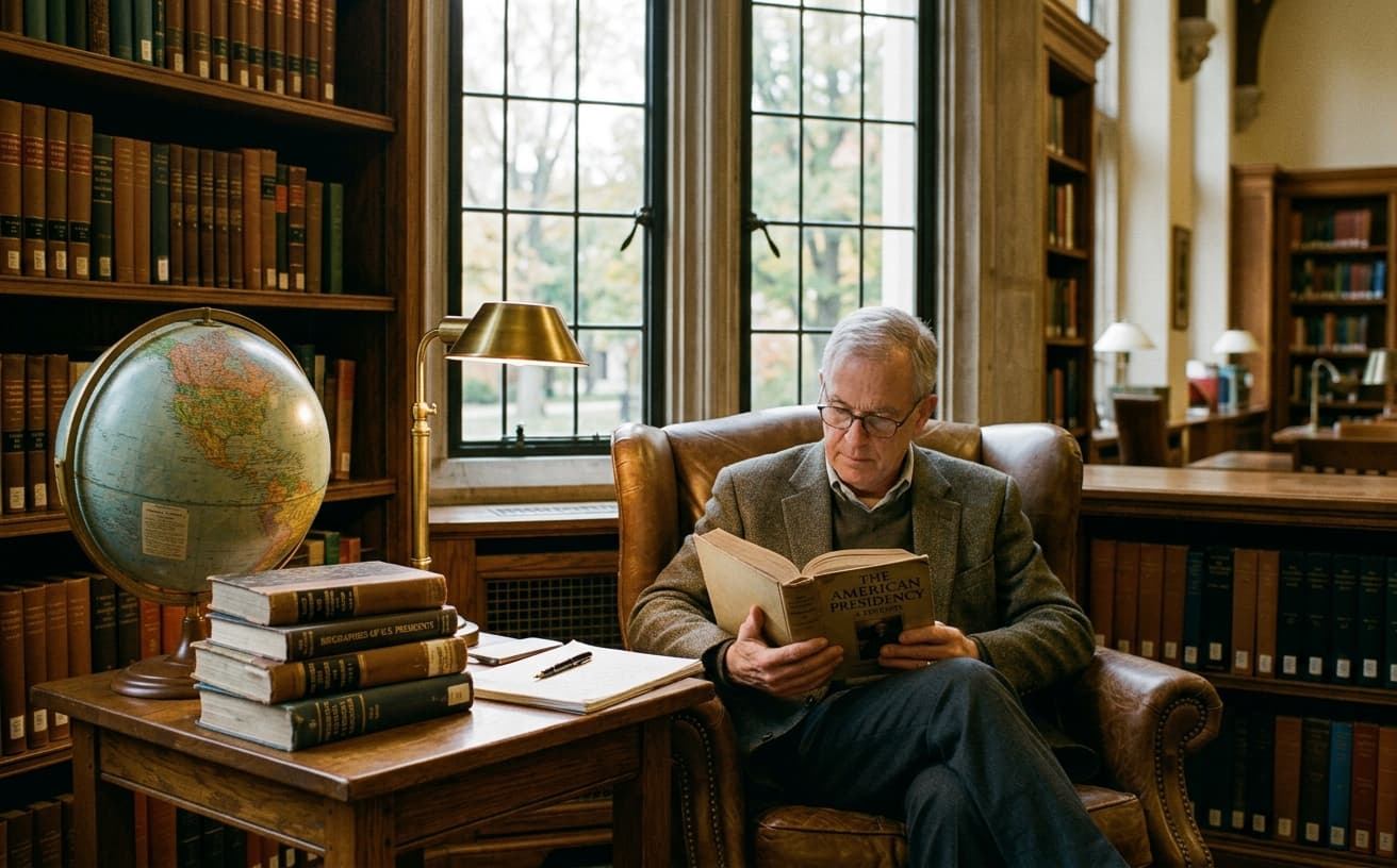 Library nook with history books and a globe