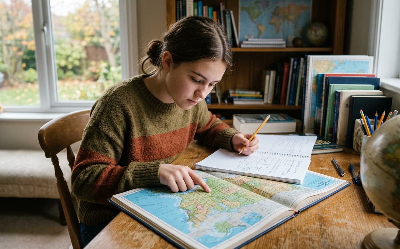 Student studying an atlas at a desk