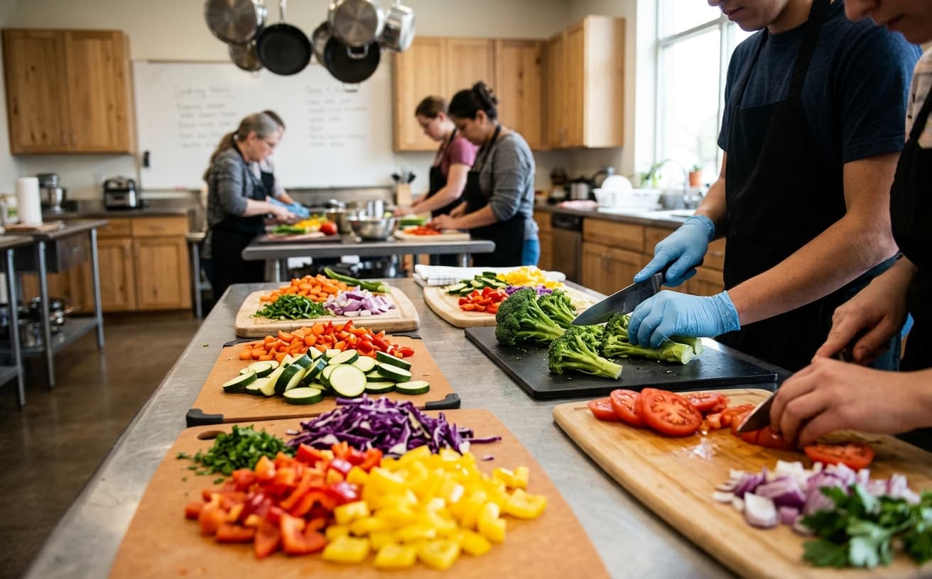 Kitchen classroom with colorful produce