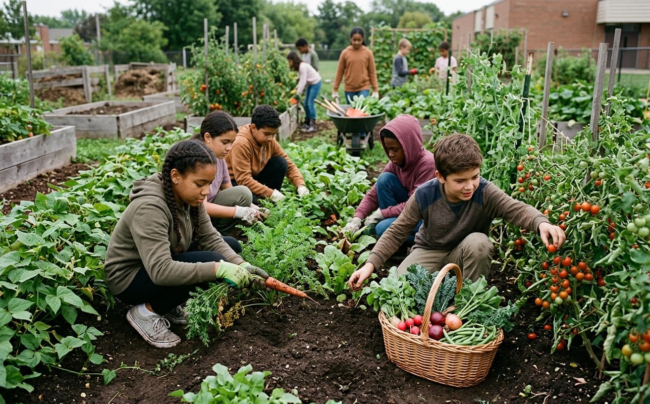 Students harvesting in a school garden