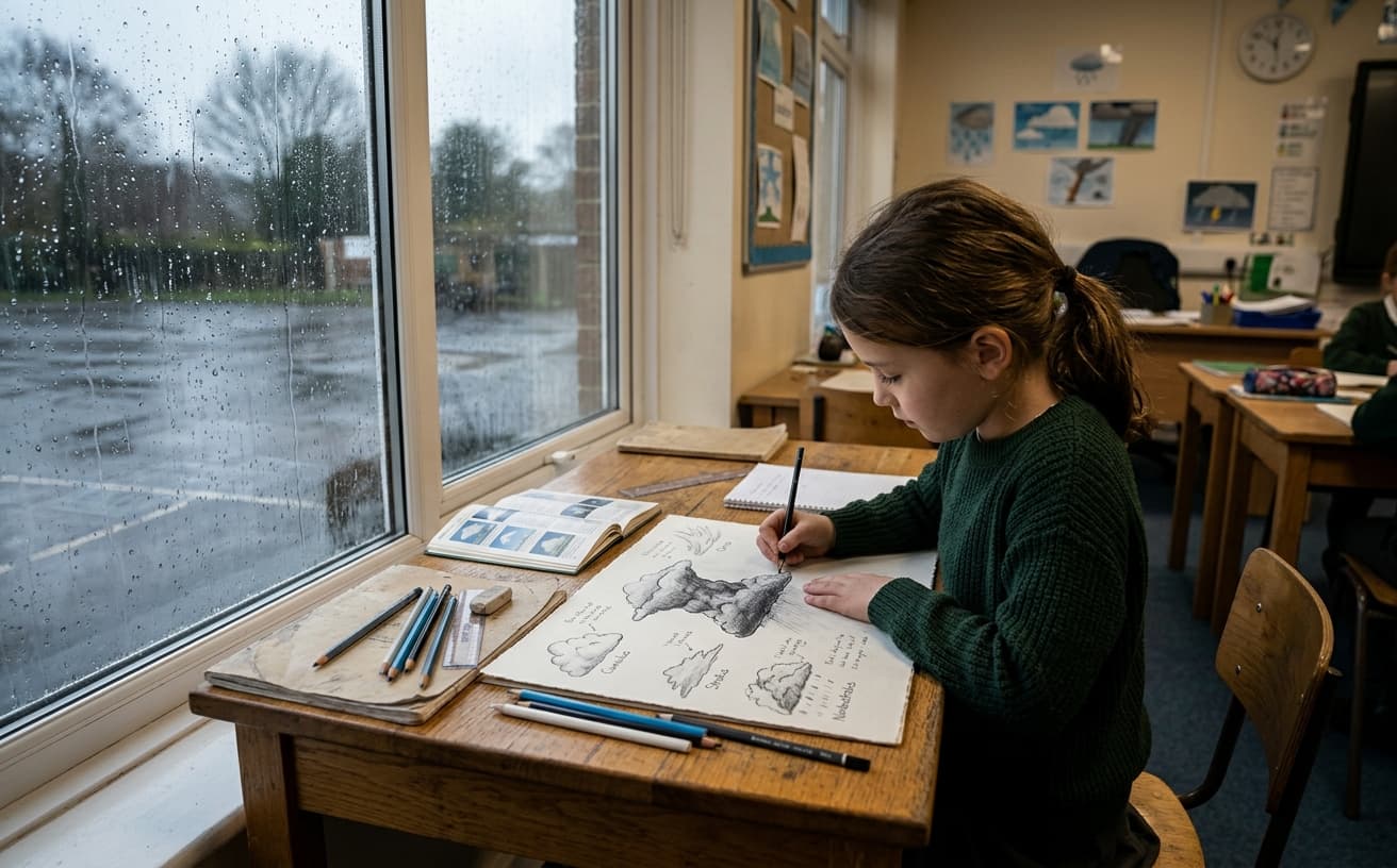 Student drawing cloud types by a rainy window
