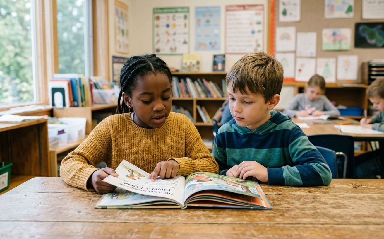 Two students reading together