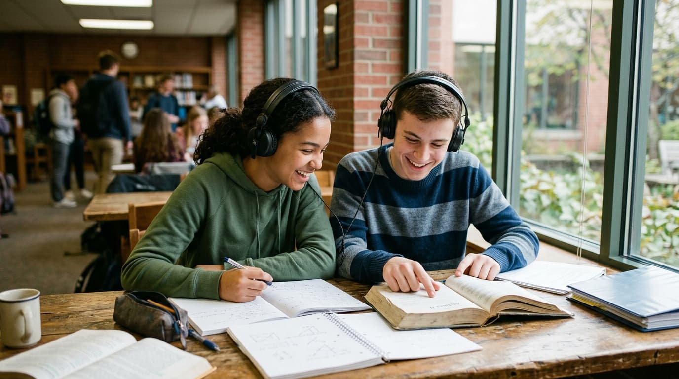 Two students sharing headphones while studying together