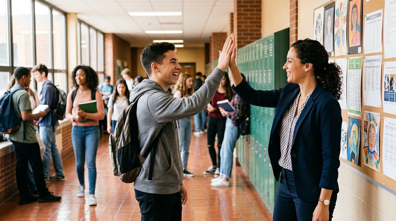 Mentor and student celebrating with a hallway high-five