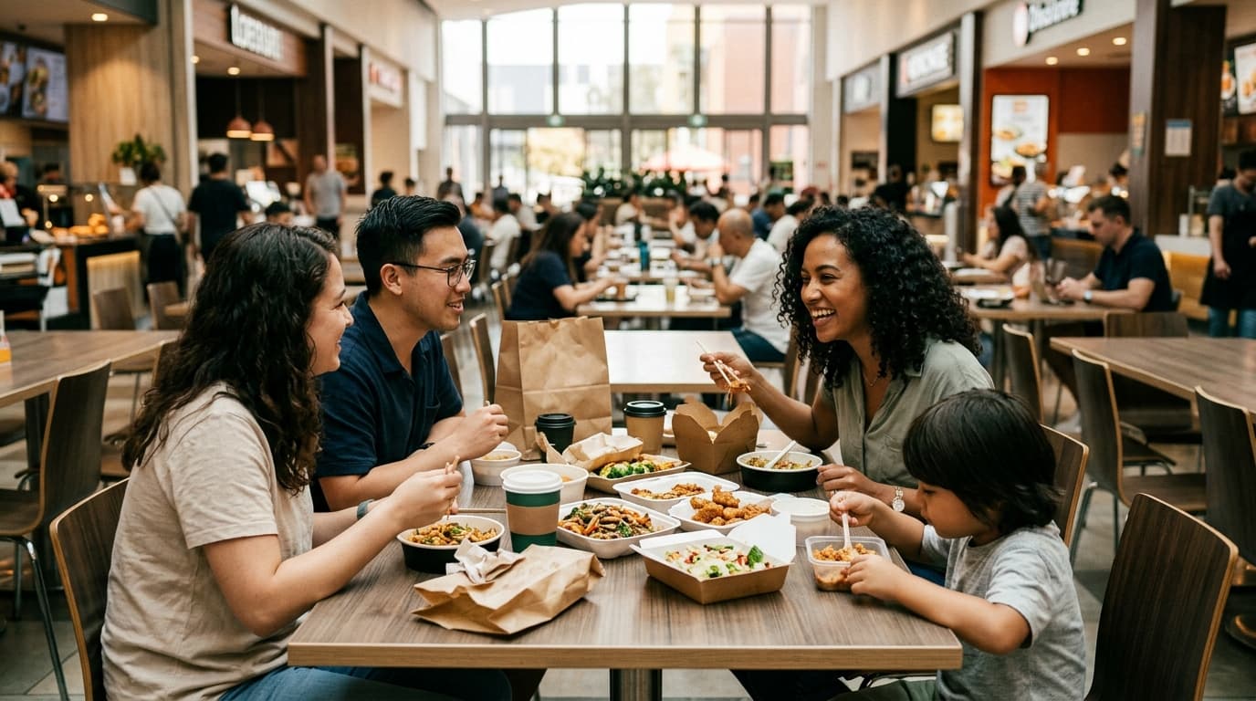 Group at a food court with takeout