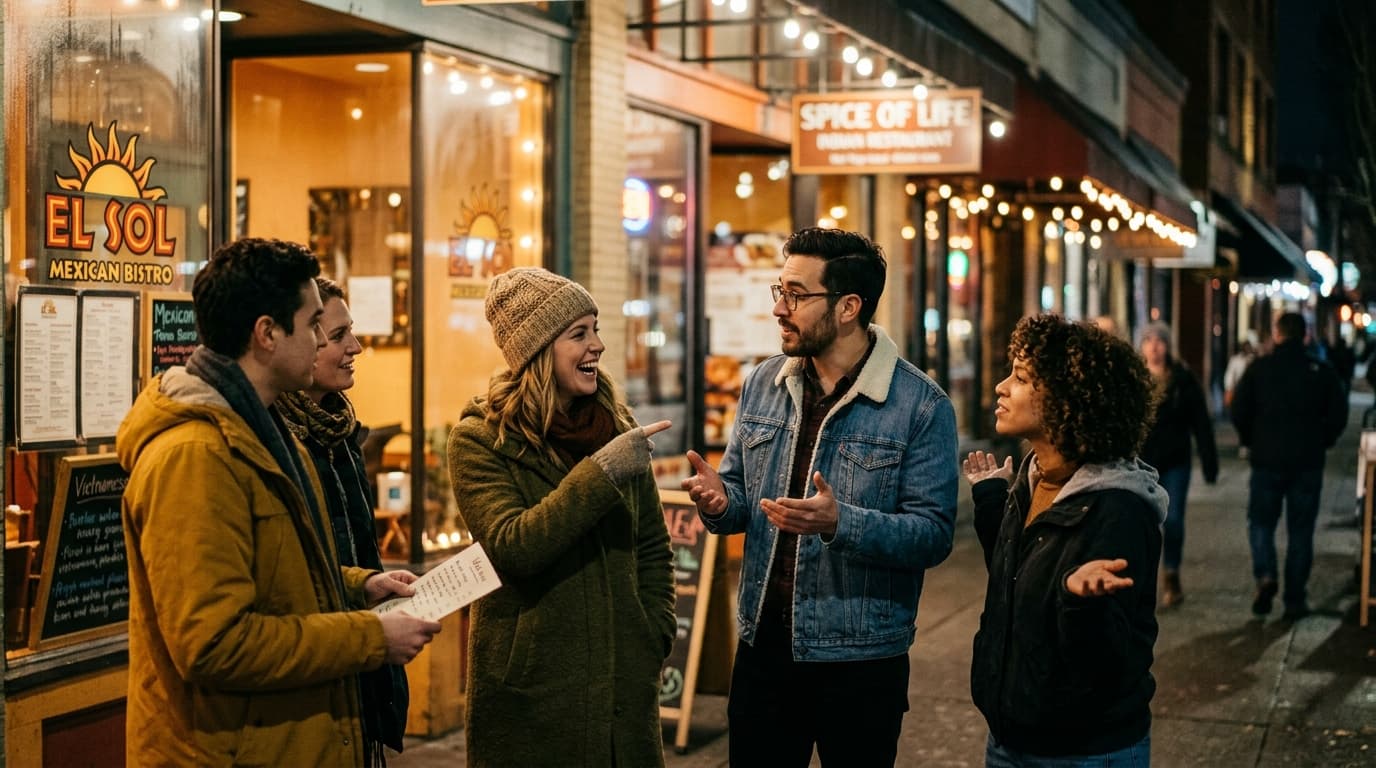 Friends debating outside restaurants at night